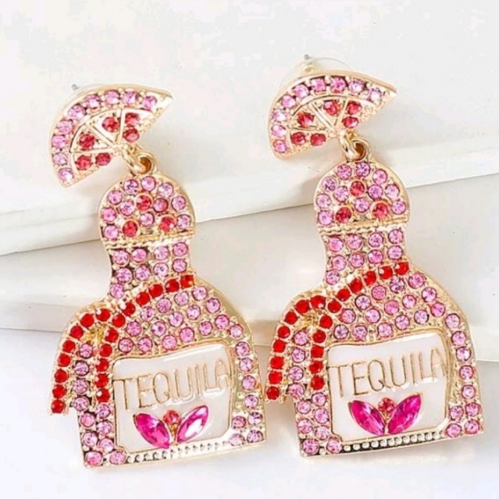 Tequila Faux Rhinestone Drink Earrings NIP